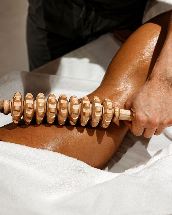 Wood therapy roller used on the leg