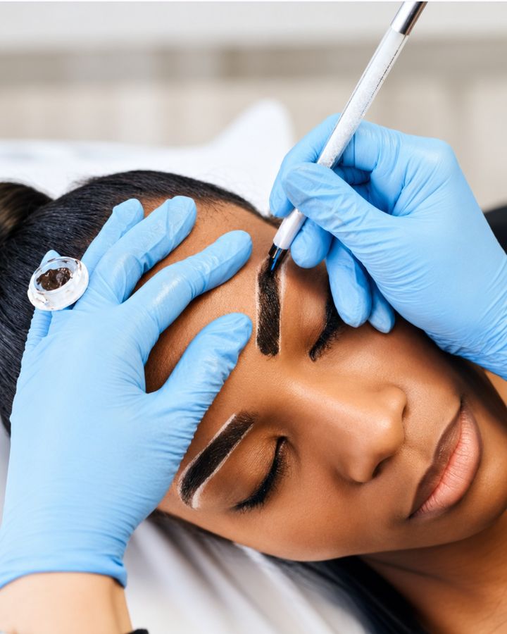 Pigment being worked into the brow