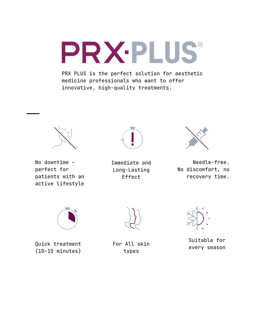 PRX Plus PRX Plus at a glance: no downtime, needle free, quick treatment, suitable for all skin types